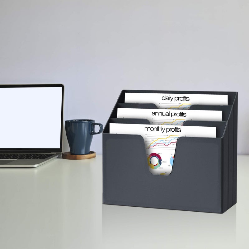 Acrimet Horizontal Triple File Folder Holder, Open Top Desktop Document Sorter for Letter Size Papers & Folders, Plastic (Black) - Image 2